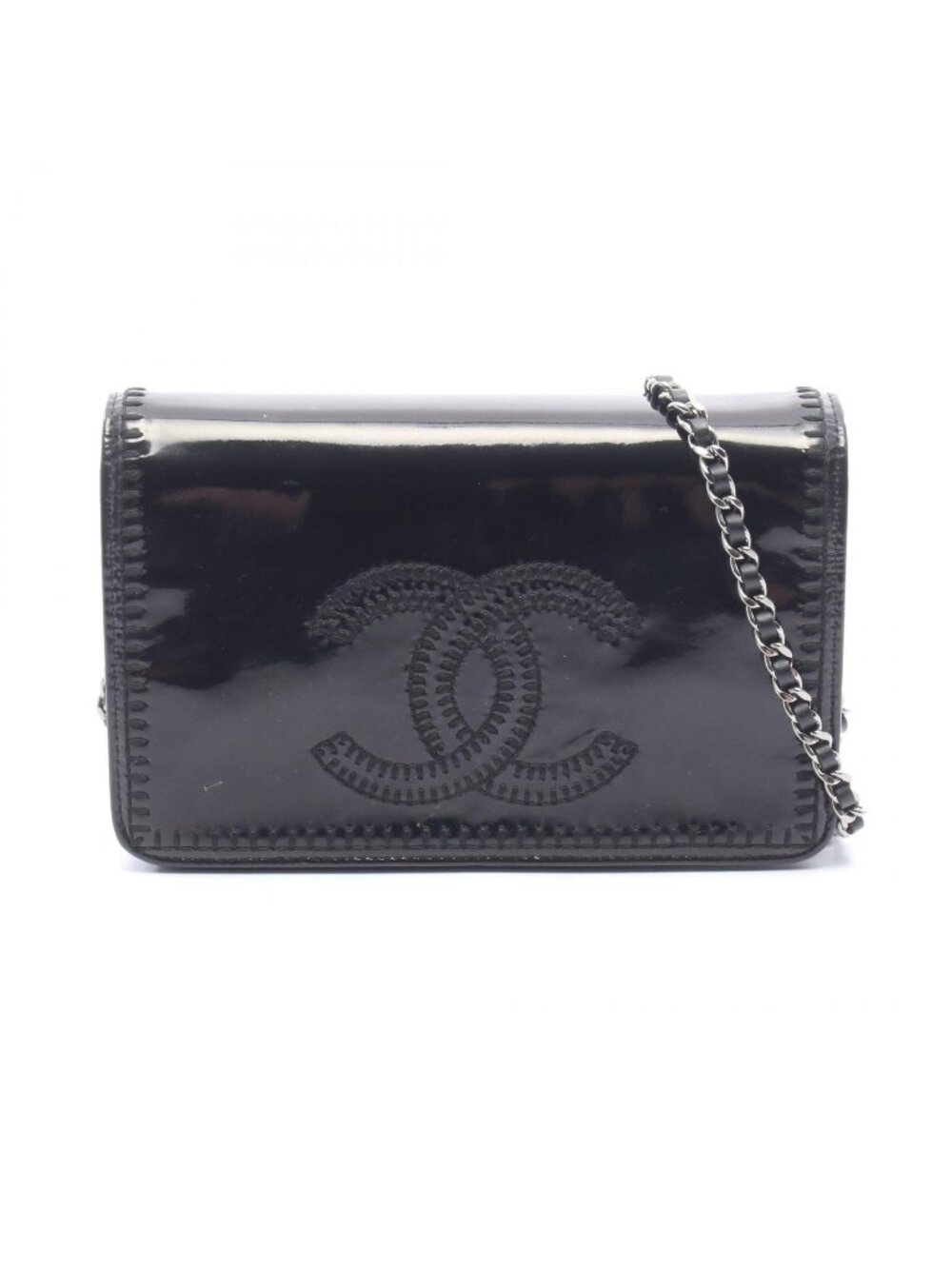 Chanel Shoulder Bag CC Logo Full Flap Black Patent Leather Chain Wallet